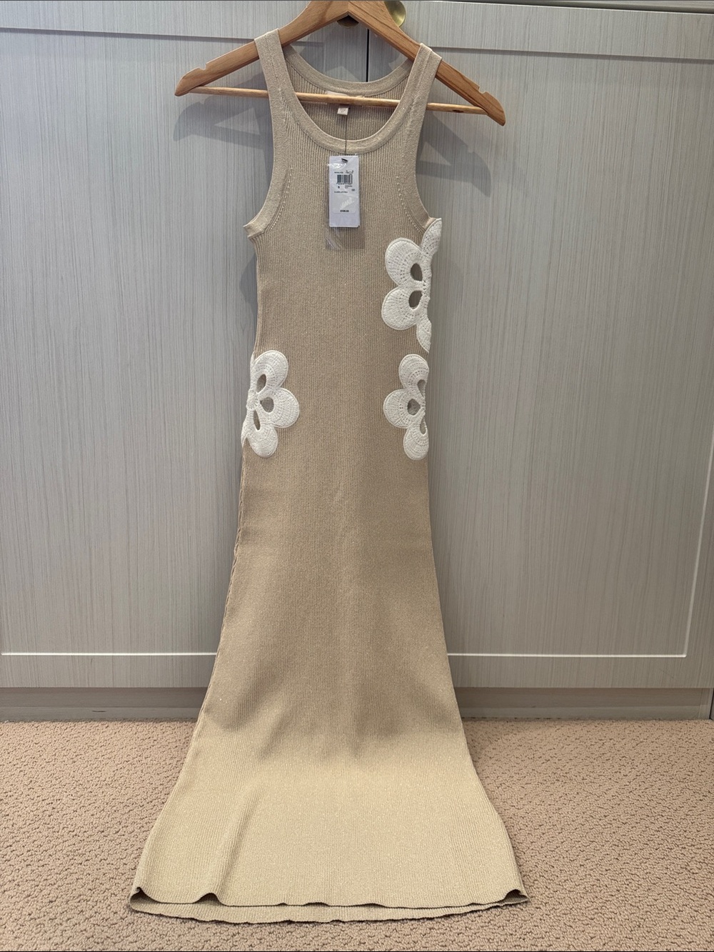Guess Beige Fitted Sleeveless Maxi Dress with White Floral Appliqué